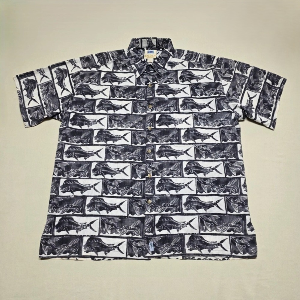 Kahala AVI Collection Men Large Hawaiian Shirt Grey/White Graphics Relax